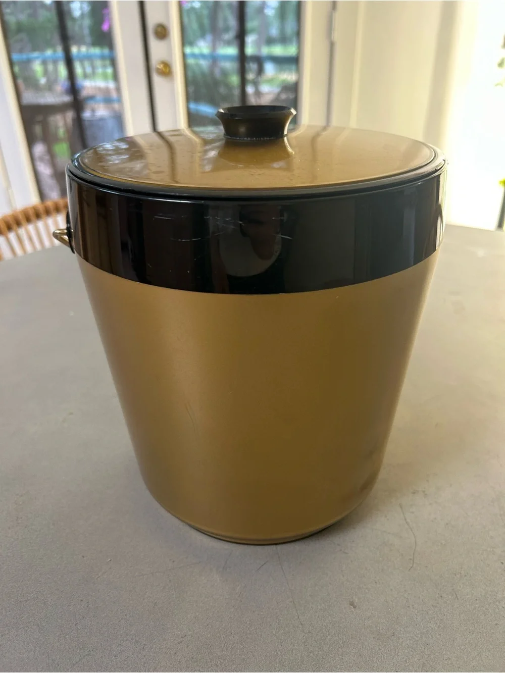 Vintage MCM Gold Black Ice Bucket Brass Handle Mid Century Modern Barware Retro